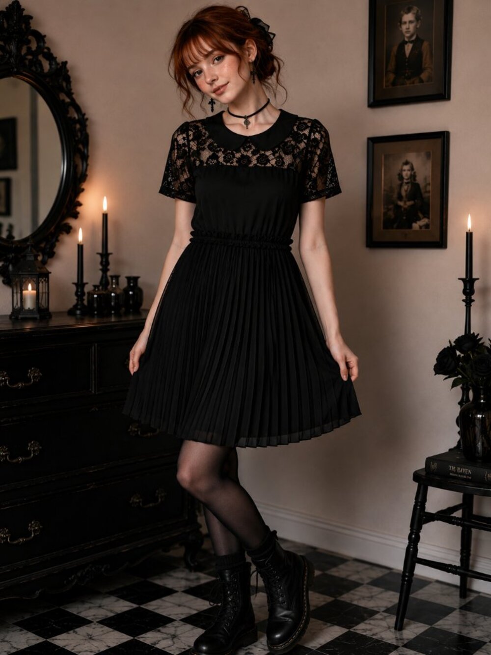 Black Lace Peter Pan Collar Pleated Dress Goth Dark Academia Size L